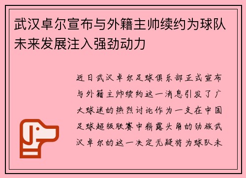武汉卓尔宣布与外籍主帅续约为球队未来发展注入强劲动力